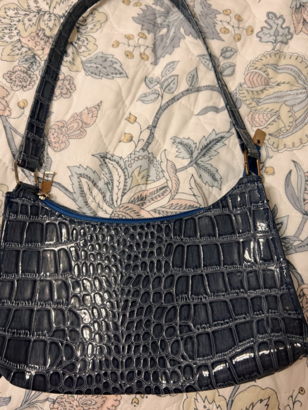 Croc-Embossed Navy Shoulder Bag